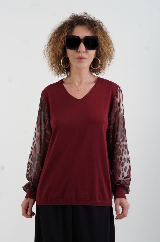 Bordo Kolu Leopar Şifon Triko