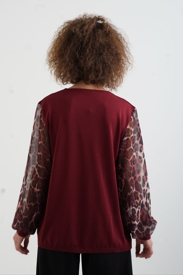 Bordo Kolu Leopar Şifon Triko
