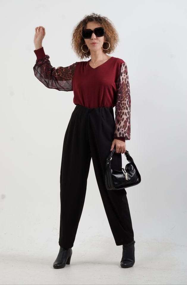 Bordo Kolu Leopar Şifon Triko