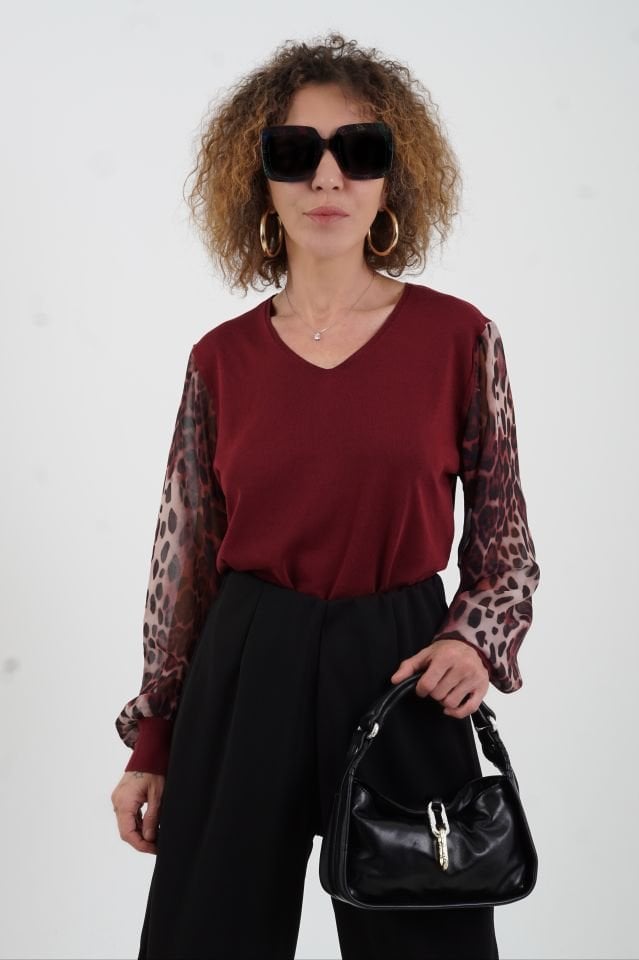 Bordo Kolu Leopar Şifon Triko