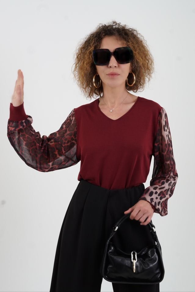 Bordo Kolu Leopar Şifon Triko