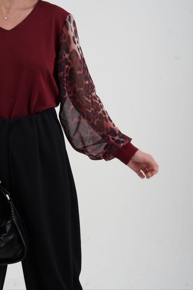 Bordo Kolu Leopar Şifon Triko