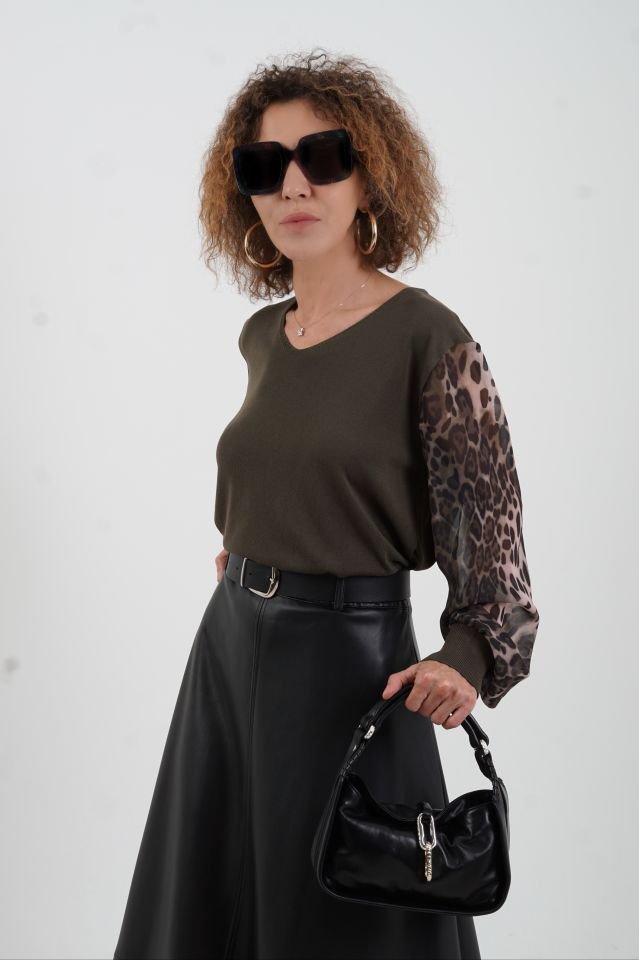 Haki Kolu Leopar Şifon Triko