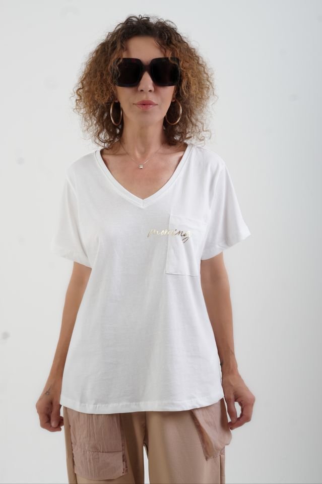 Ekru Morning Varak Baskılı V Yaka Tshirt