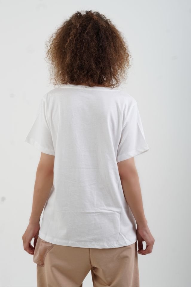 Ekru Morning Varak Baskılı V Yaka Tshirt