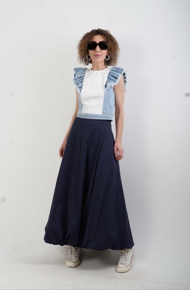 Mavi Kol Denim Fırfırlı Bluz