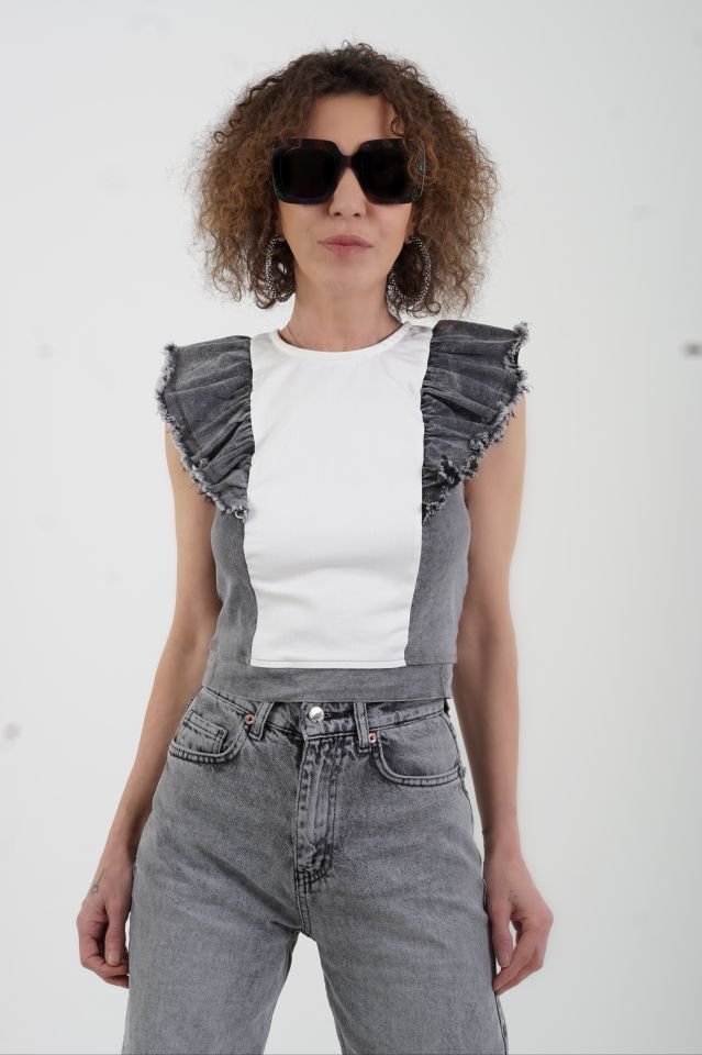Antrasit Kol Denim Fırfırlı Bluz