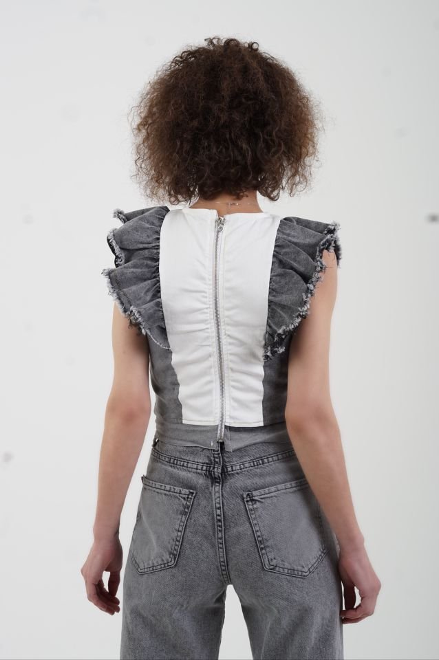 Antrasit Kol Denim Fırfırlı Bluz