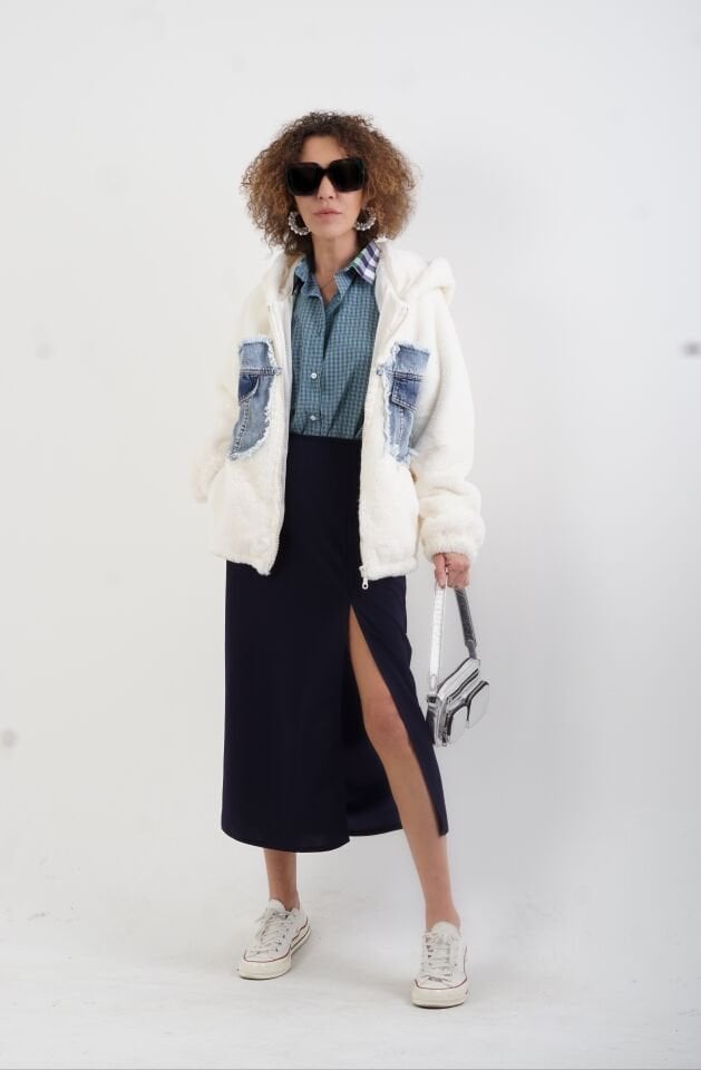 Ekru Denim Cepli Suni Kürk Mont