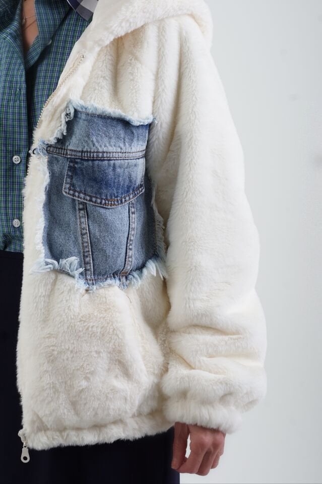 Ekru Denim Cepli Suni Kürk Mont