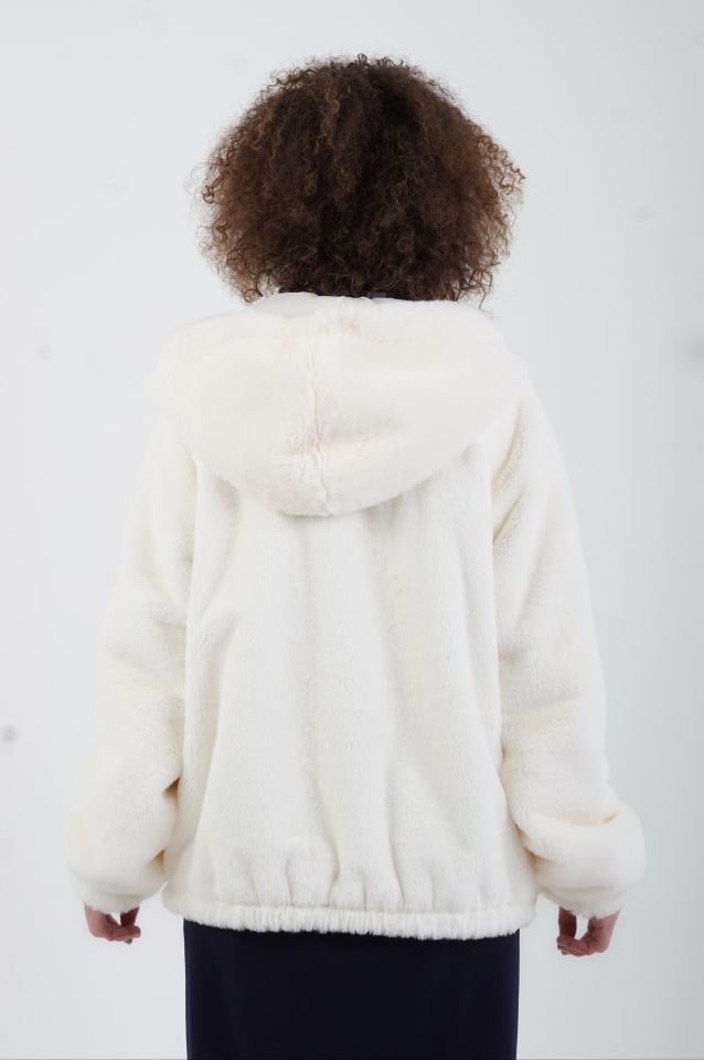 Ekru Denim Cepli Suni Kürk Mont