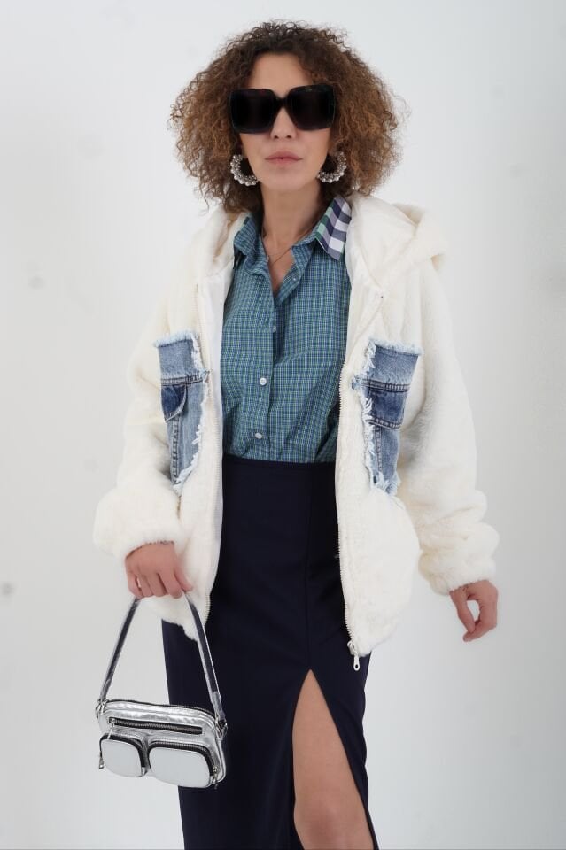 Ekru Denim Cepli Suni Kürk Mont