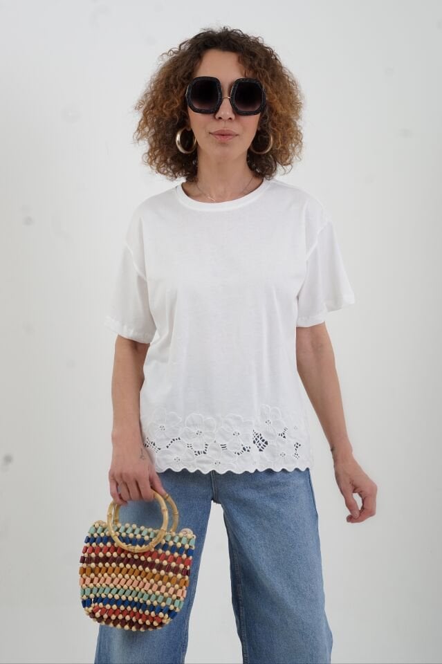 Ekru Etek Ucu Beyaz İş Tshirt