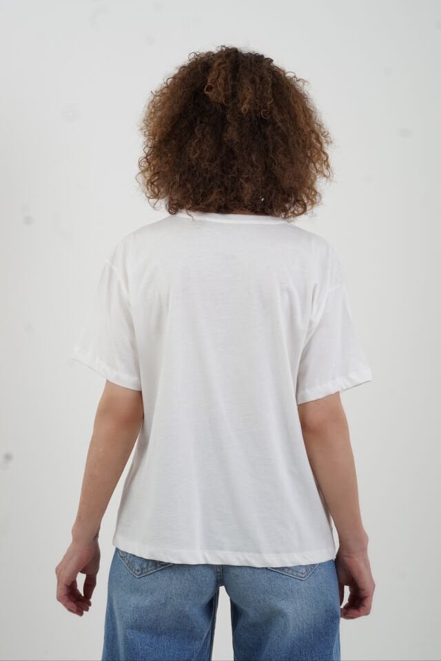 Ekru Etek Ucu Beyaz İş Tshirt