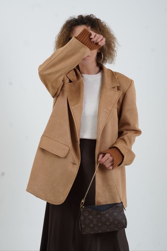 Bej Suni Süet Oversize Blazer Ceket
