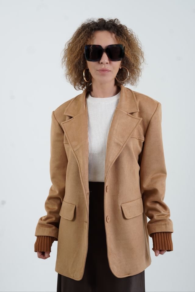Bej Suni Süet Oversize Blazer Ceket