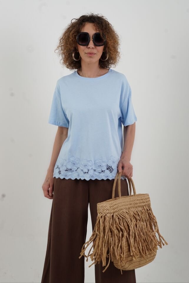 Mavi Etek Ucu Beyaz İş Tshirt