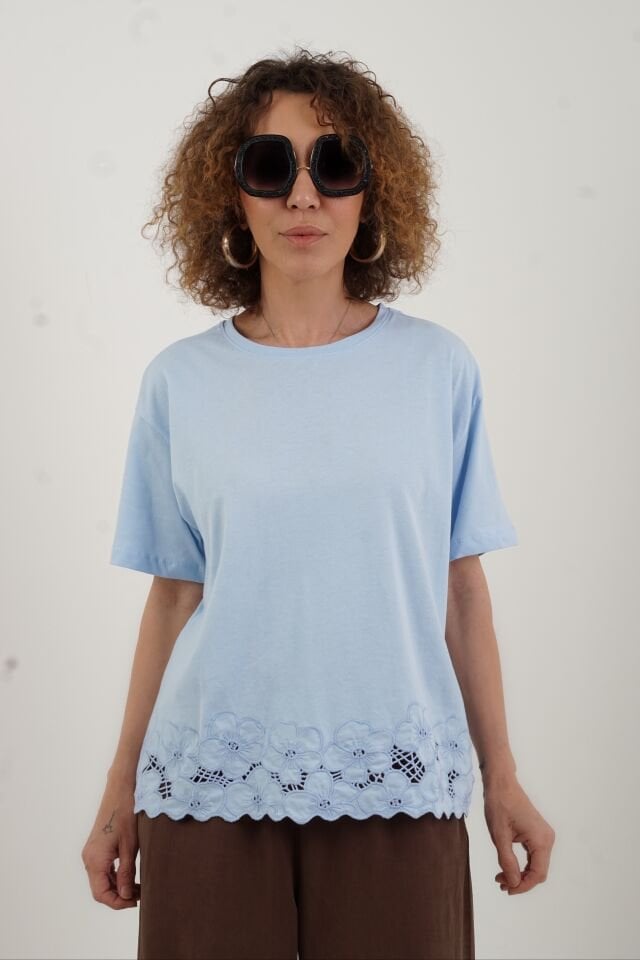 Mavi Etek Ucu Beyaz İş Tshirt