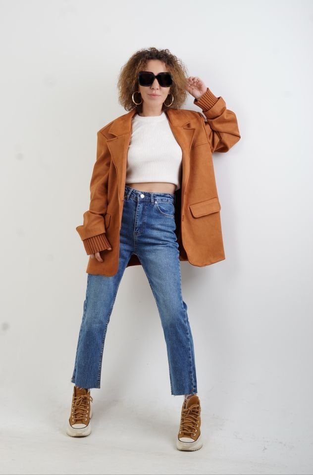 Kiremit Suni Süet Oversize Blazer Ceket