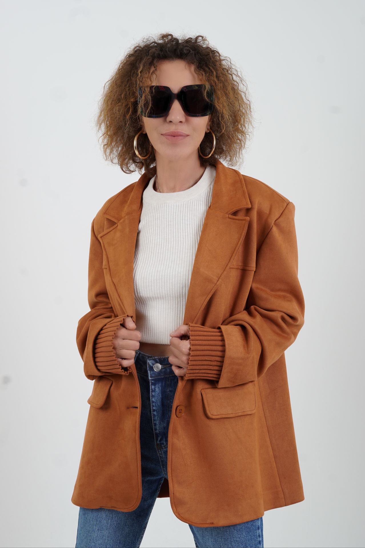 Kiremit Suni Süet Oversize Blazer Ceket