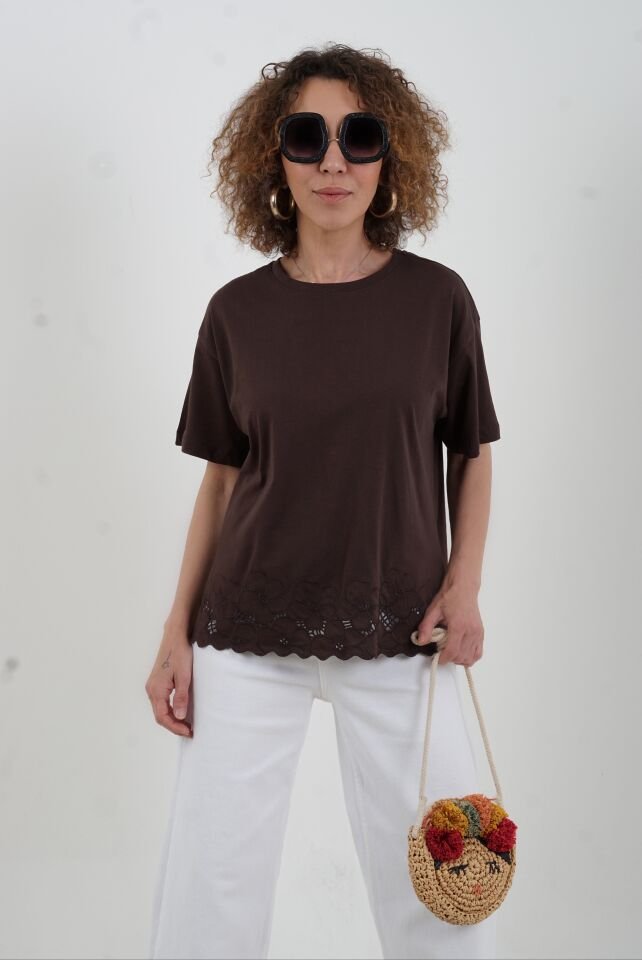 Kahve Etek Ucu Beyaz İş Tshirt