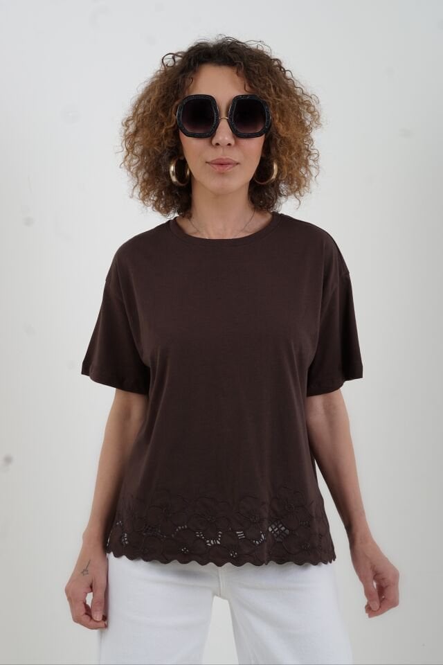 Kahve Etek Ucu Beyaz İş Tshirt