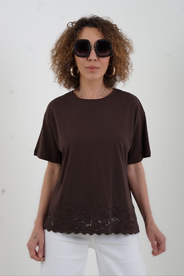 Kahve Etek Ucu Beyaz İş Tshirt