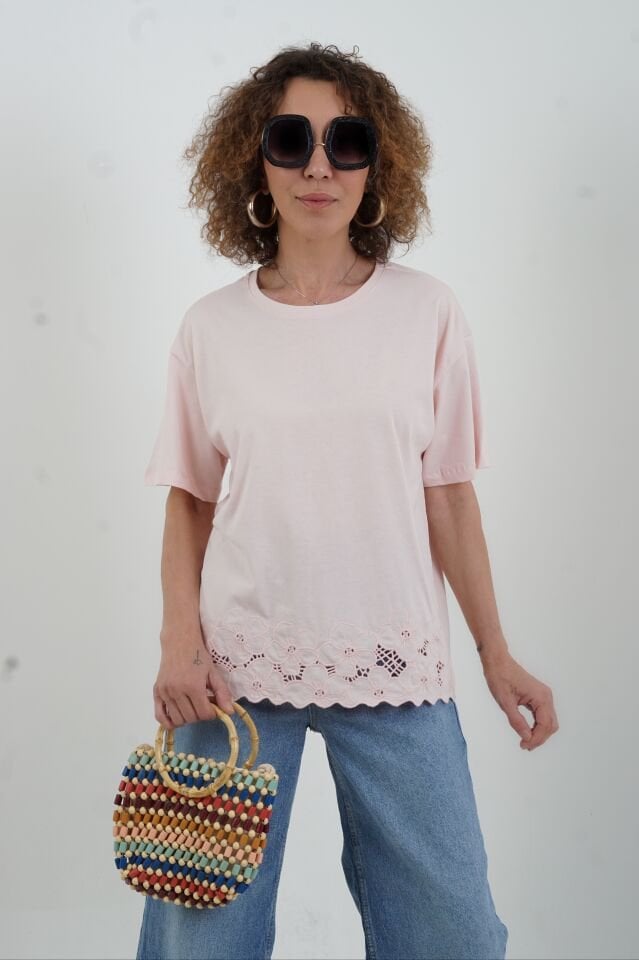 Pembe Etek Ucu Beyaz İş Tshirt
