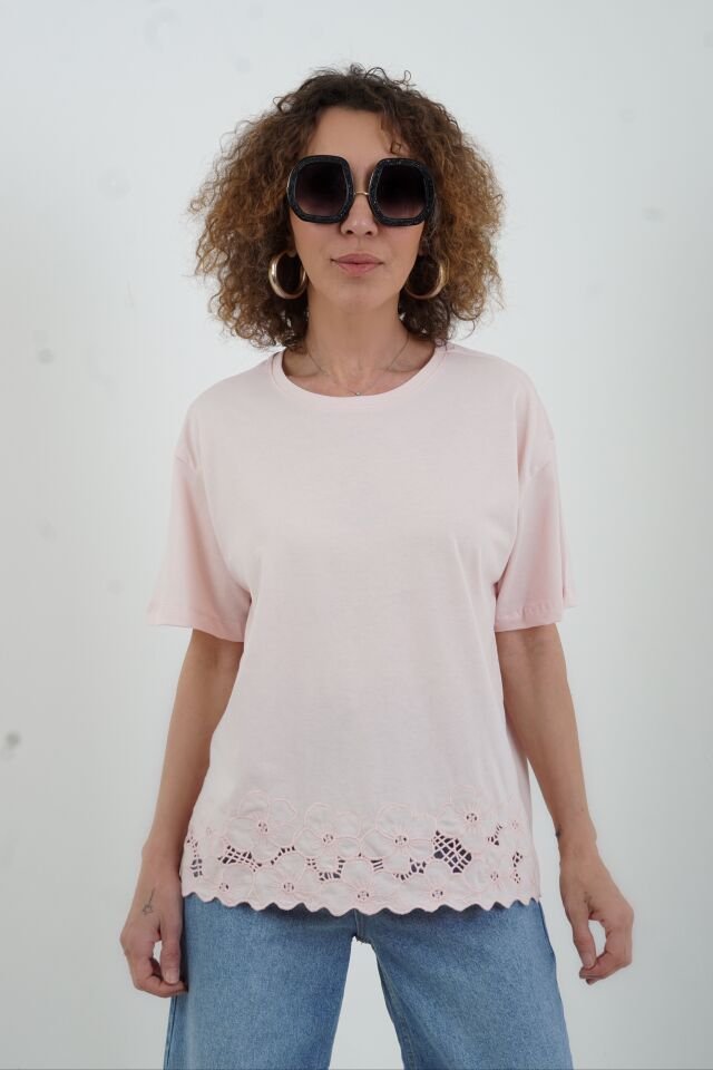 Pembe Etek Ucu Beyaz İş Tshirt