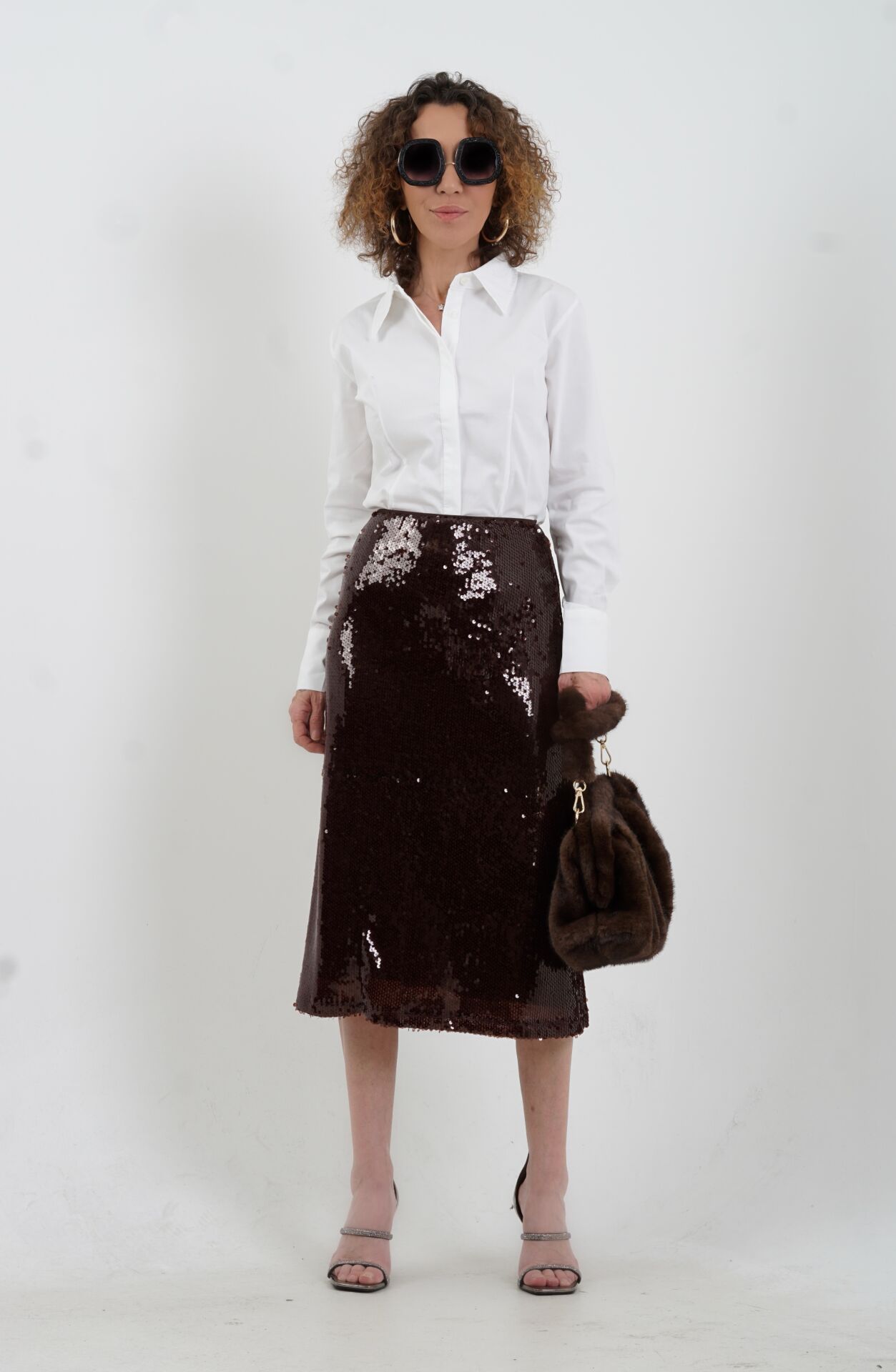 Kahve Pul Payetli Etek