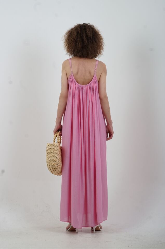 Pembe Tona Ton Çizgili Askılı Elbise