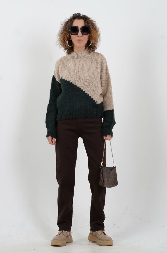 Bej Zümrüt Yeşili İki Renkli Kazak