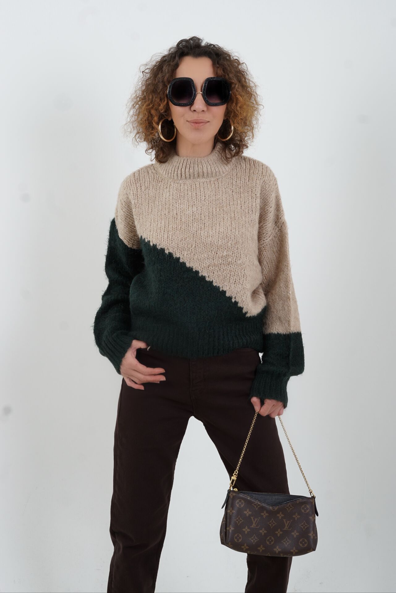 Bej Zümrüt Yeşili İki Renkli Kazak