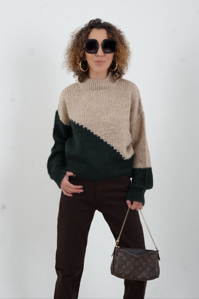 Bej Zümrüt Yeşili İki Renkli Kazak