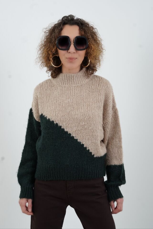 Bej Zümrüt Yeşili İki Renkli Kazak