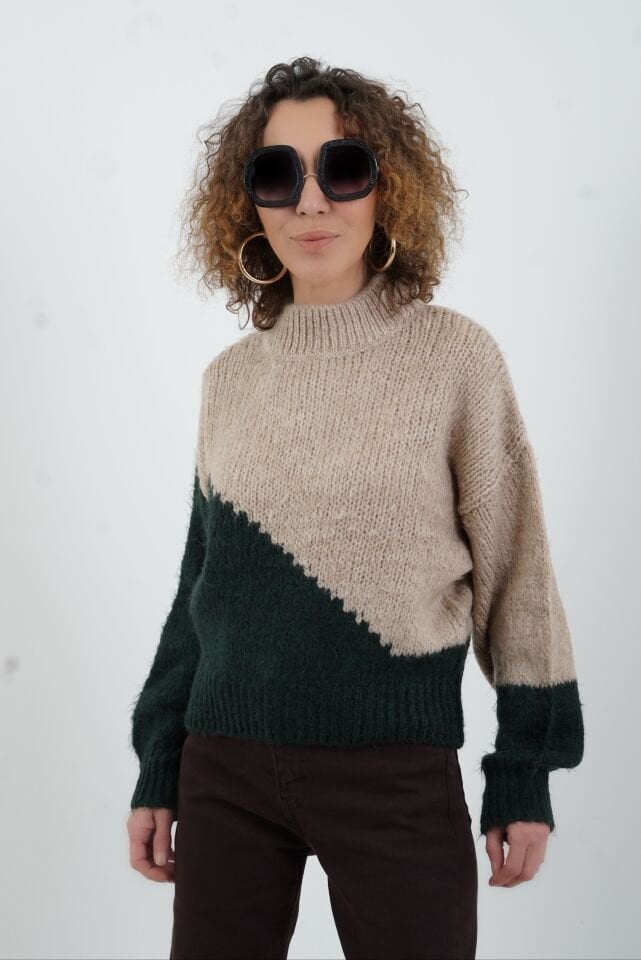 Bej Zümrüt Yeşili İki Renkli Kazak