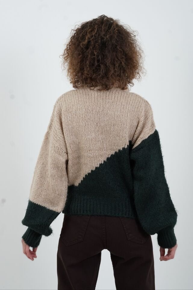 Bej Zümrüt Yeşili İki Renkli Kazak