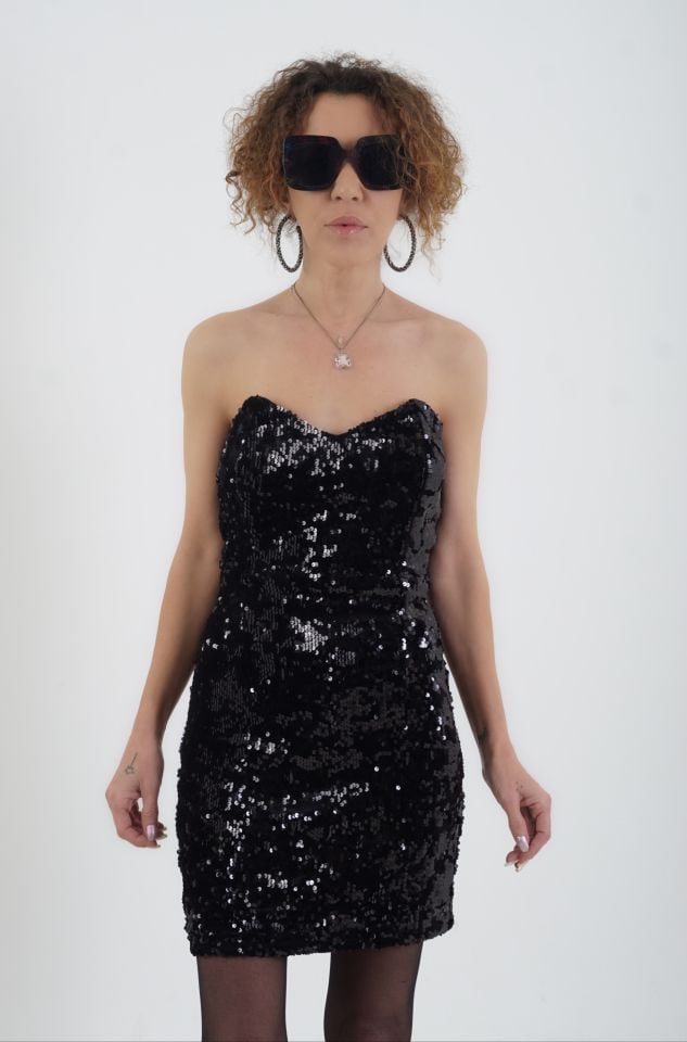 Payetli Straplez Mini Elbise