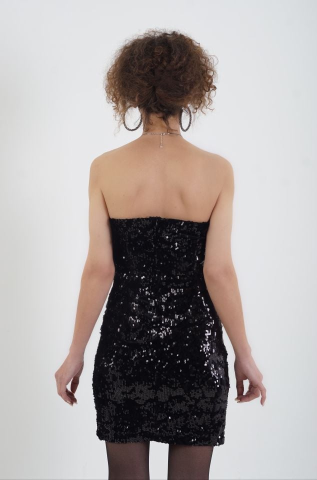Payetli Straplez Mini Elbise