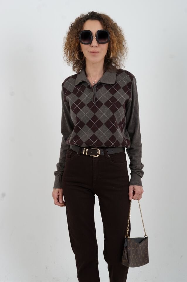 Kahve Baklava Desen Polo Yaka Kazak