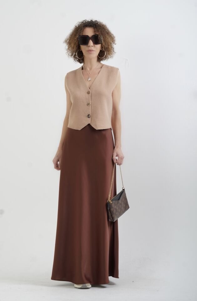 Kahve Tok Saten Maxi Boy Etek