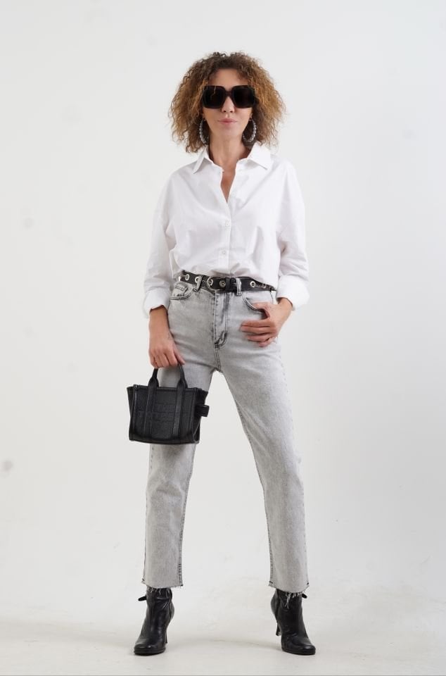 Gri Paçası Dikişsiz Mom Fit Jean Pantolon
