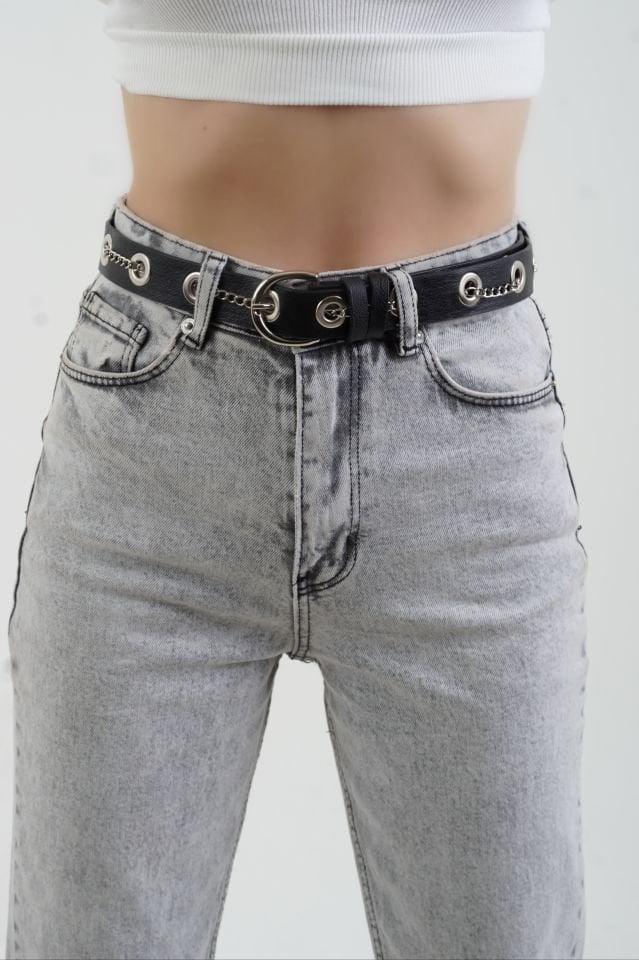 Gri Paçası Dikişsiz Mom Fit Jean Pantolon