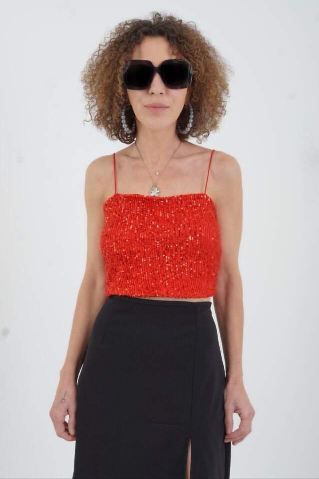 Kırmızı Pul Payetli İp Askılı Büstiyer