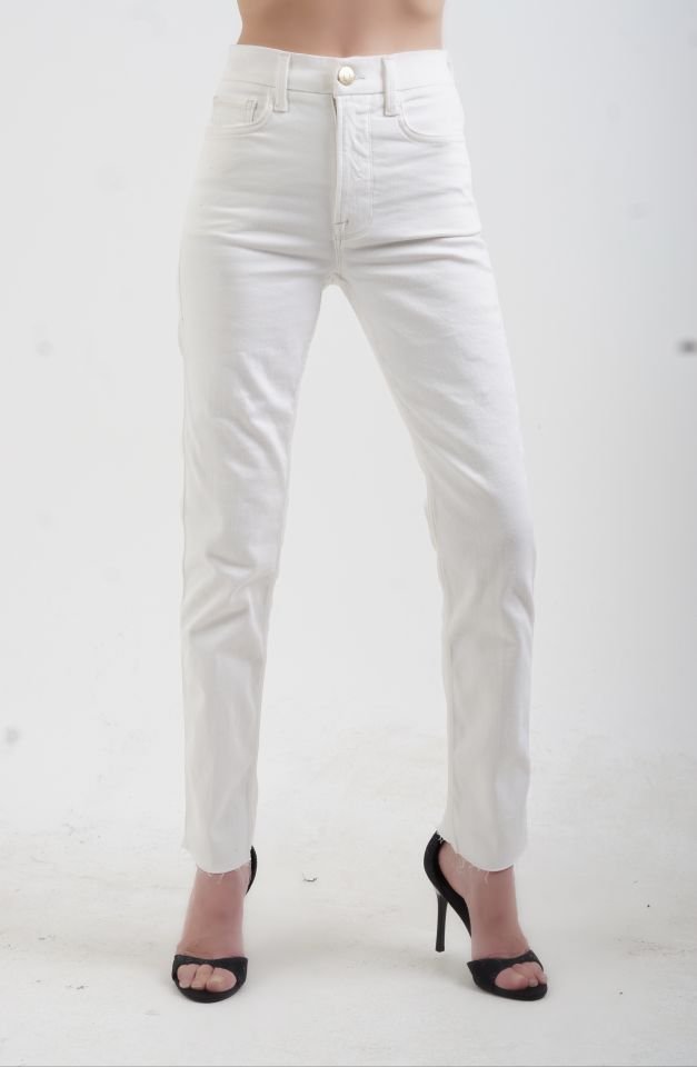 Ekru Yüksek  Bel Likralı Slim Fit Jean Pantolon