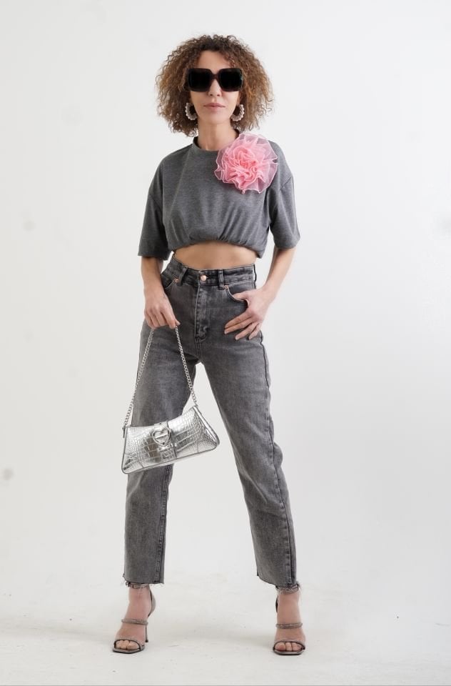 Antrasit Paçası Dikişsiz Mom Fit Jean Pantolon