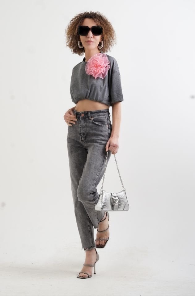 Antrasit Paçası Dikişsiz Mom Fit Jean Pantolon