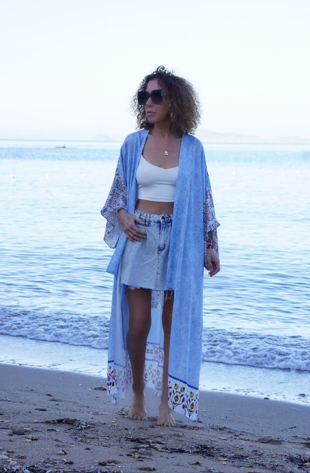 Mavi Kuş Desenli Kimono