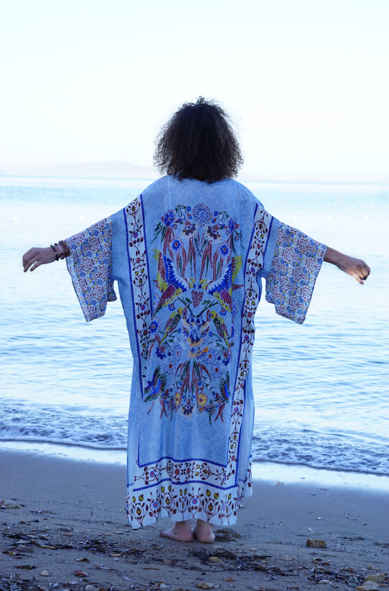 Mavi Kuş Desenli Kimono