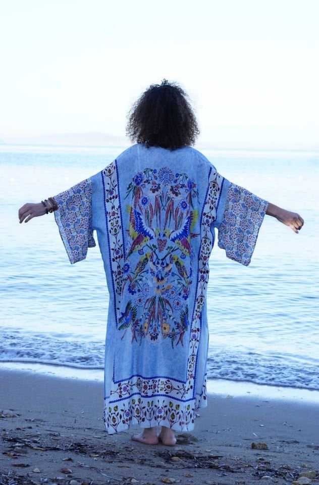 Mavi Kuş Desenli Kimono